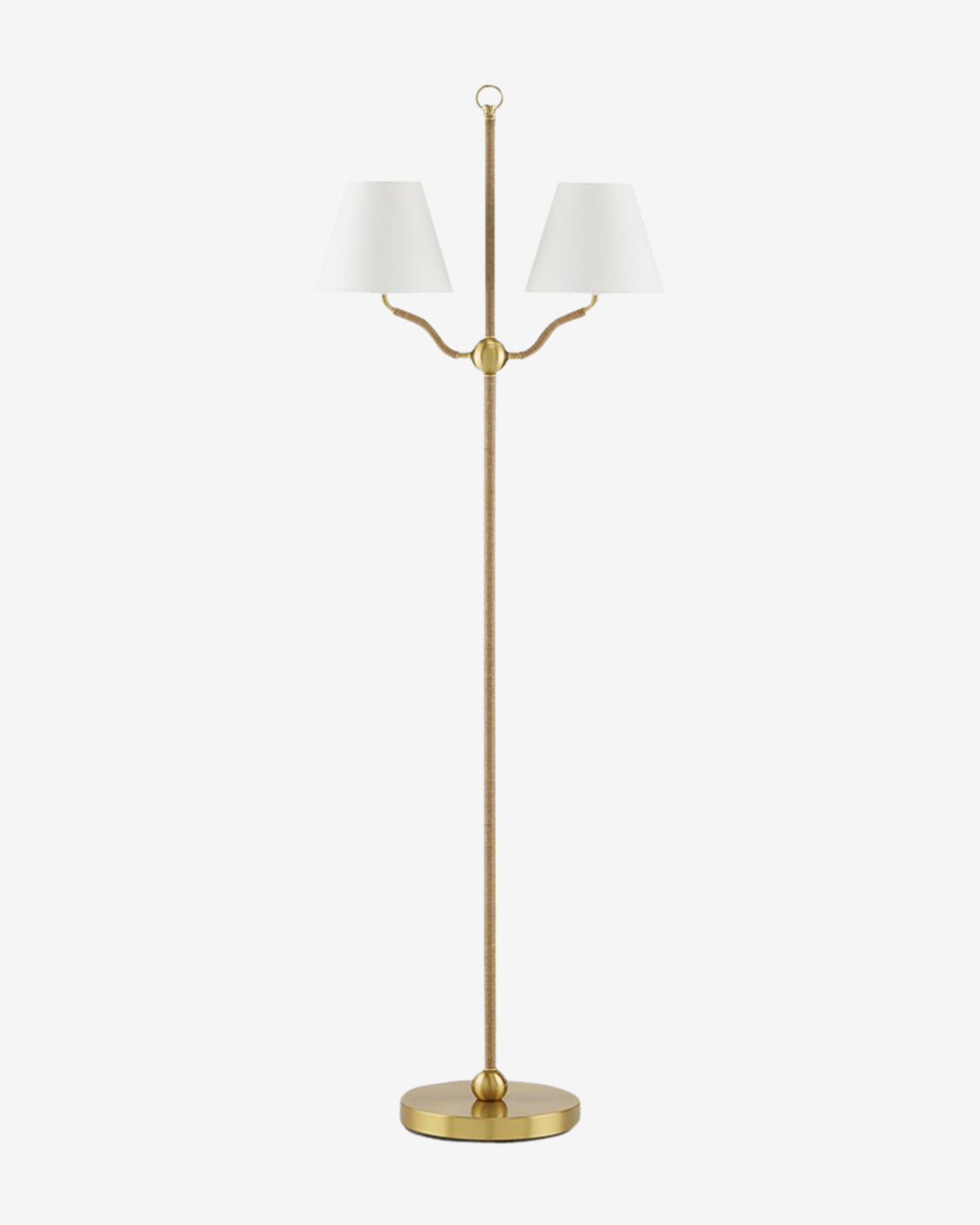 The Currey & Co. Sirocco Floor Lamp has a brass-finished base and two white shades branching symmetrically from a central pole, displayed against a plain white background. Vendixs