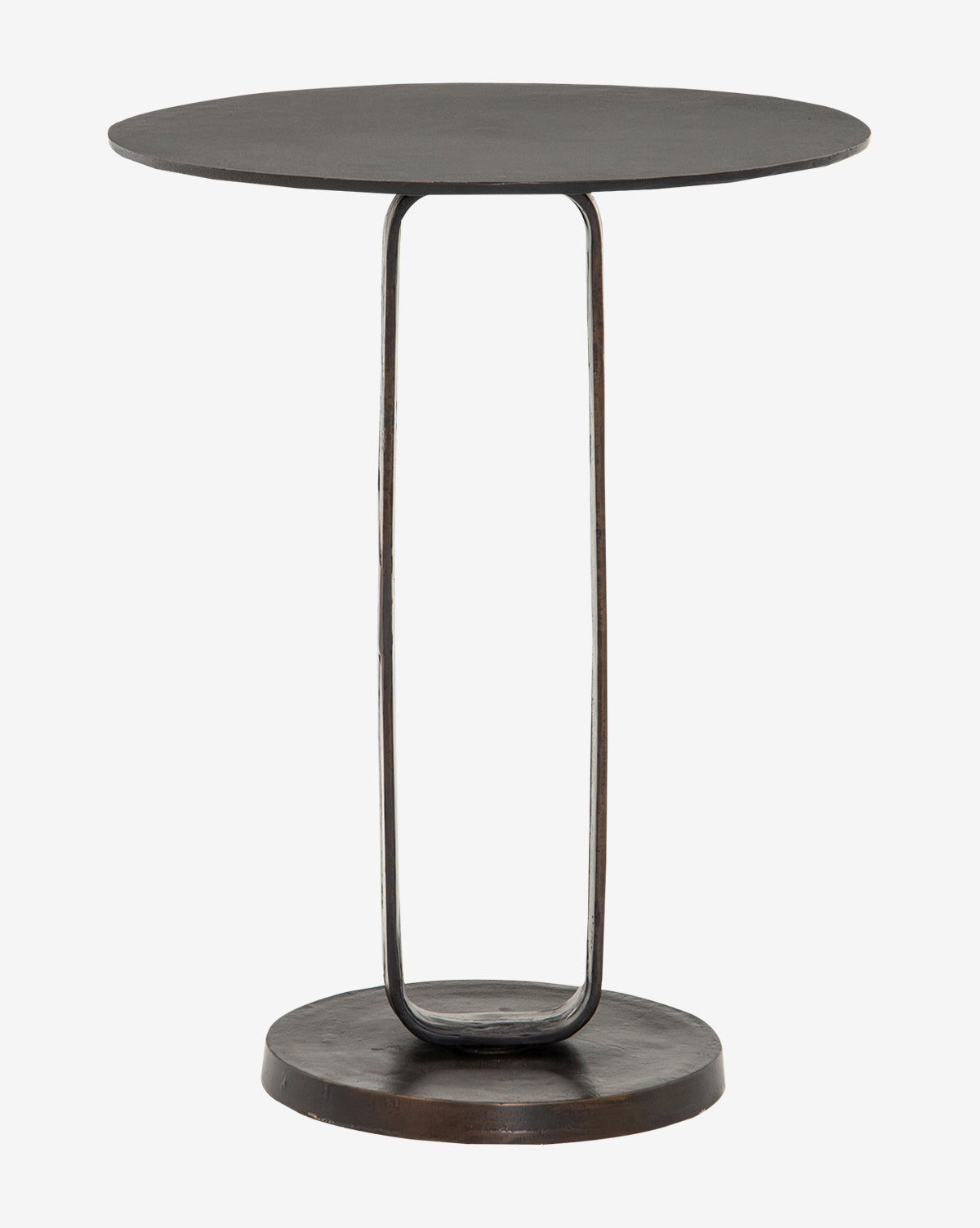 The Sloan Side Table showcases a sleek, modern design with a small round aluminum top, slender metal support, and circular base, by Vendixs