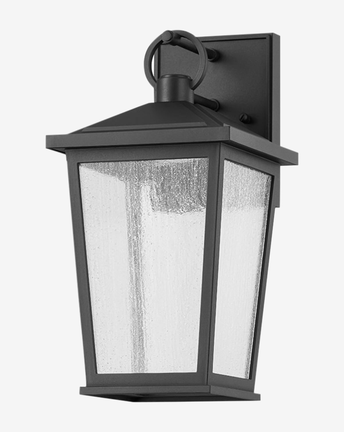 The Soren Frosted Indoor/Outdoor Wall Sconce by Troy Lighting features a black finish, rectangular backplate, frosted glass panels, and a tapered design—ideal for both exterior lighting and indoor/outdoor wall sconce settings. Vendixs