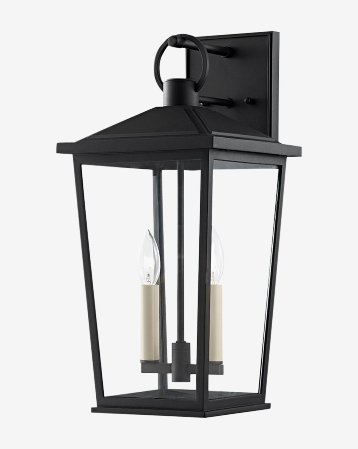 The Soren Indoor/Outdoor Wall Sconce by Troy Lighting features a black rectangular frame, clear glass panels, and two candle-style bulbs—ideal for versatile lighting in any space. Vendixs