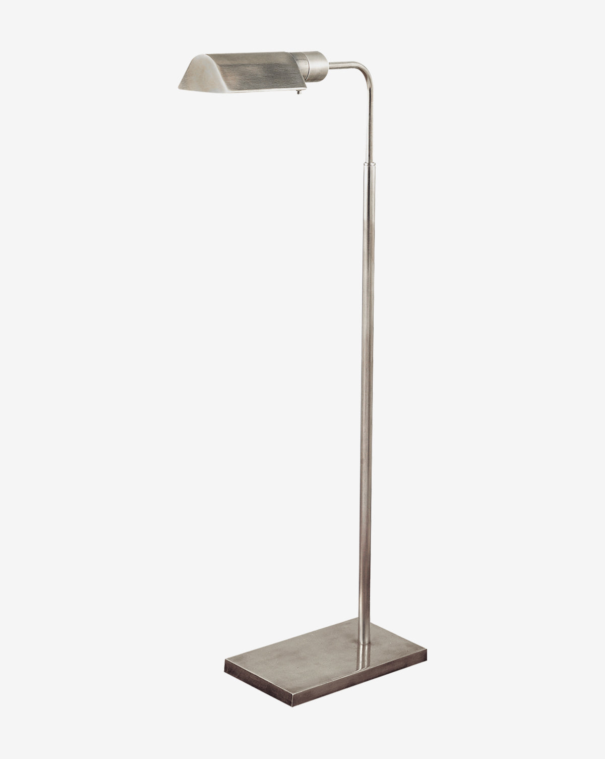 The Studio Adjustable Floor Lamp features a modern, minimalist design with a rectangular base, slim vertical stem, and angled rectangular lampshade in brushed silver—perfect as a stylish reading light against a plain white background by Vendixs