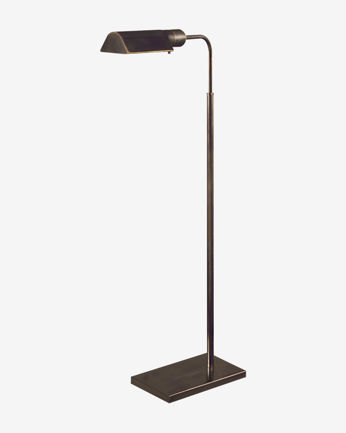 The Studio Adjustable Floor Lamp by Visual Comfort & Co. Signature features a sleek dark metal finish, rectangular base, and angled shade—its modern minimalist design adds elegance and provides ideal reading light for contemporary spaces. Vendixs