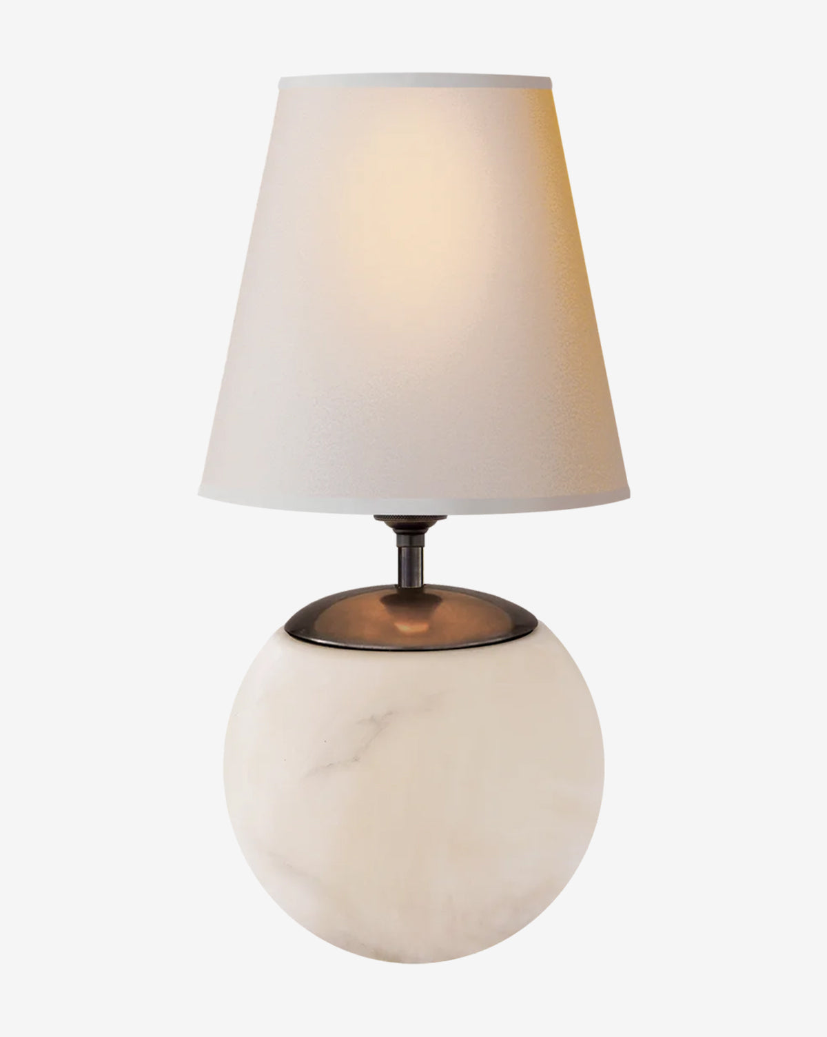 The Terri Round Table Lamp features a round white marble base and a simple light beige lampshade, creating a modern look and casting a soft, inviting glow, by Vendixs