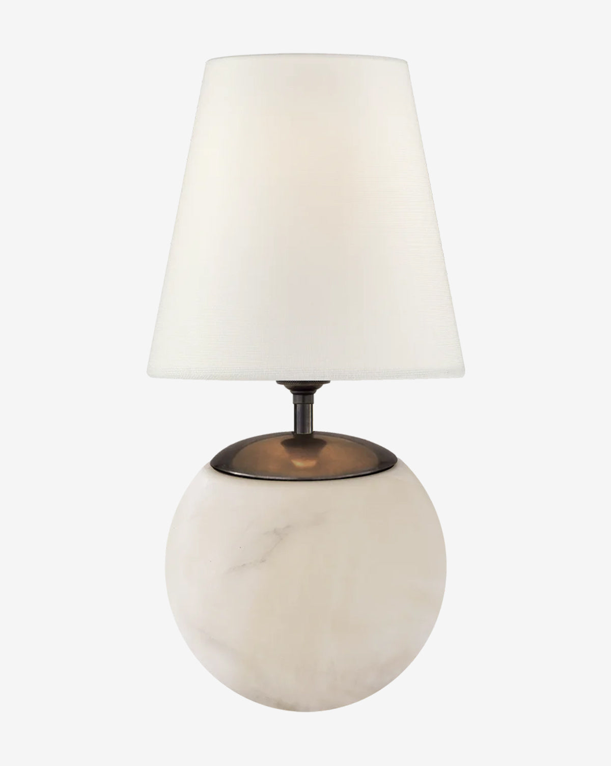 The Terri Round Table Lamp features a modern design with a round alabaster stone base and a white, tapered fabric shade, shown against a plain background, by McGee & Co.