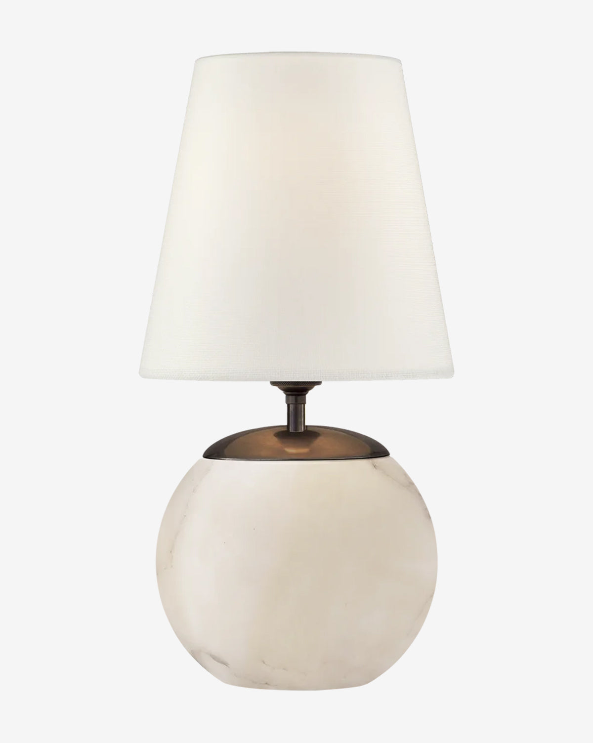 The Terri Round Table Lamp features a round alabaster stone base and a white cone-shaped lampshade, displayed against a plain background, by McGee & Co.