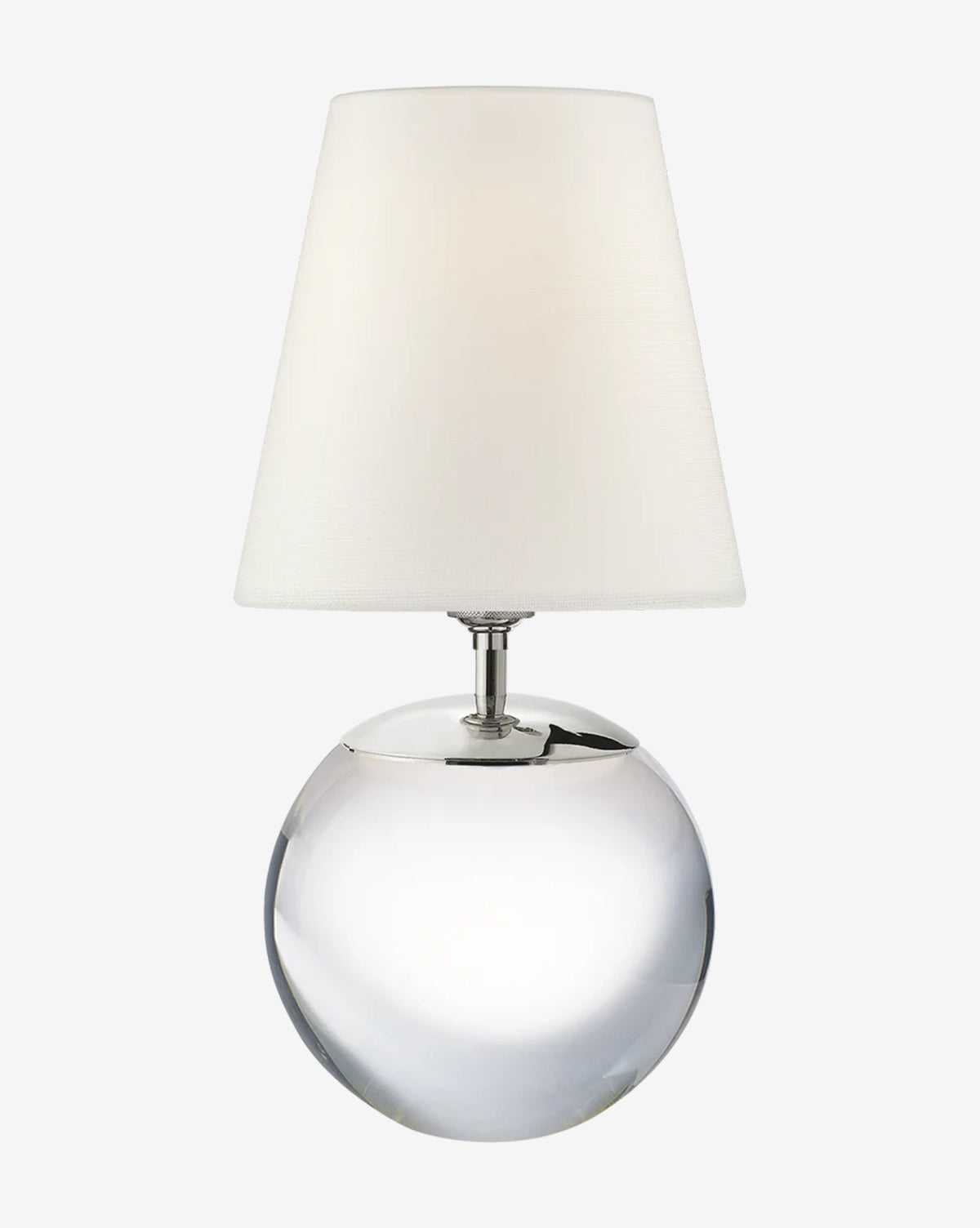 The Terri Round Table Lamp features a reflective glass base and a white conical fabric shade, shown against a plain light background, by Vendixs