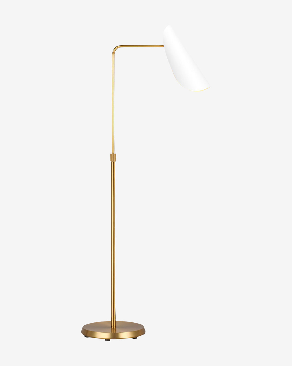 The Tresa Floor Lamp features a burnished brass finish and an angled white cone shade, offering modern adjustable lighting to elevate any living space, shown here against a plain light gray background, by Vendixs