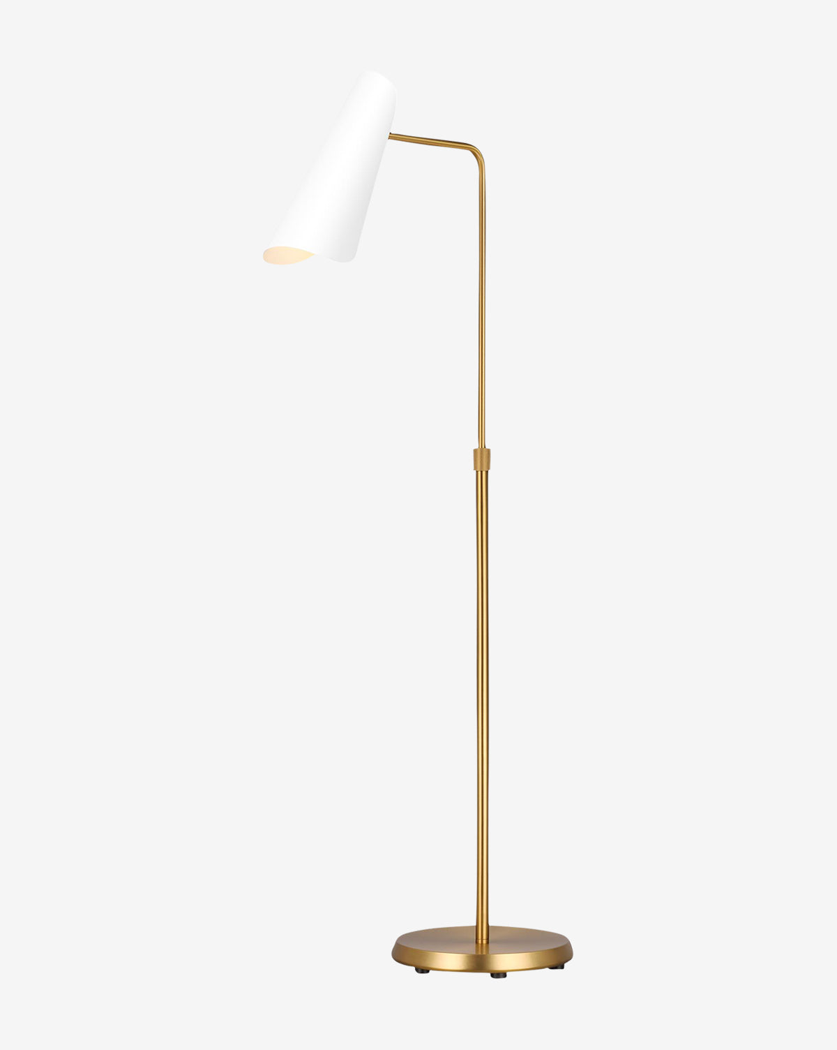 The Tresa Floor Lamp features a slim gold metal stand in burnished brass and a white cone lampshade, offering modern style that elevates any living space against a light background, by Vendixs