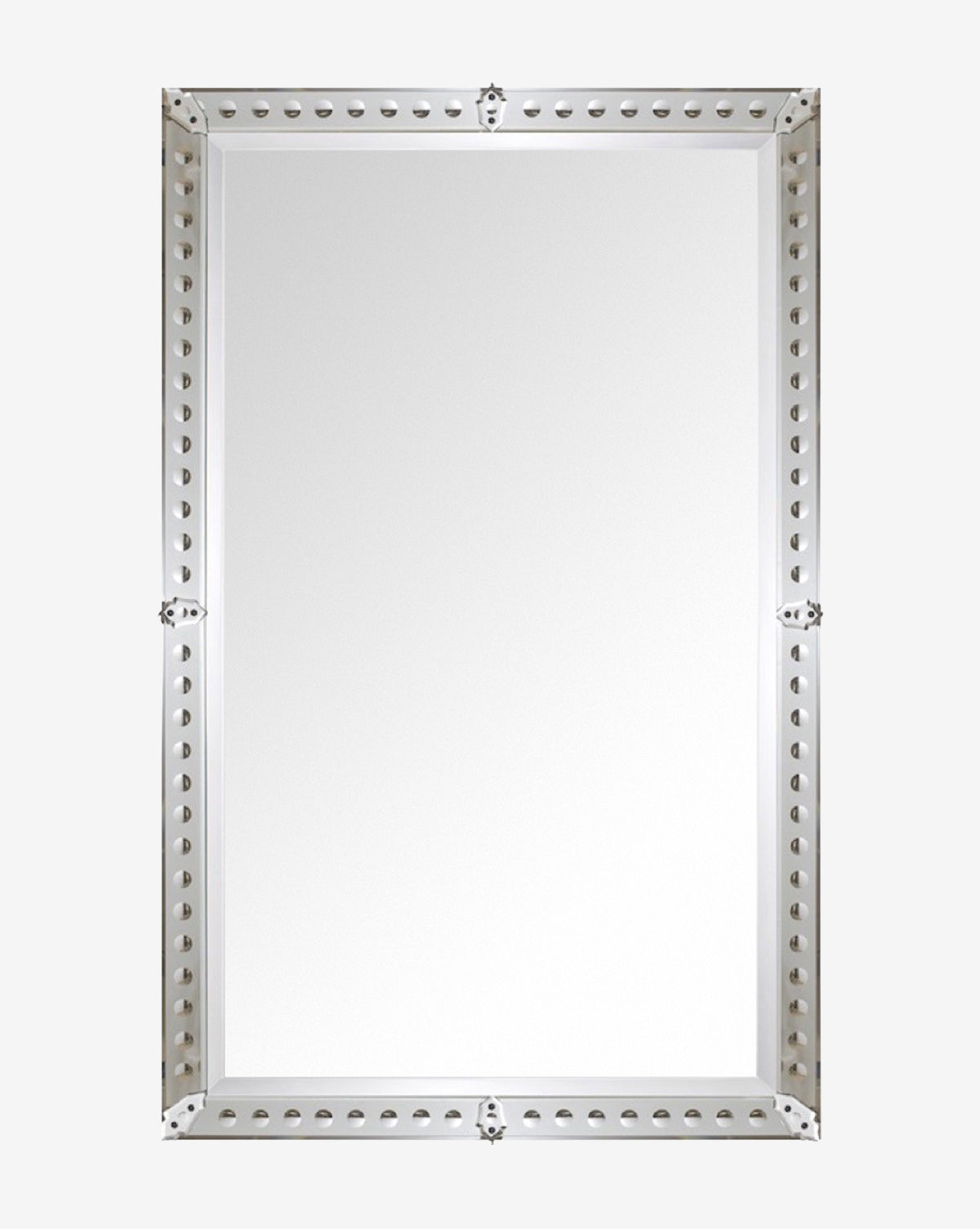 The Truman Mirror is a white rectangular mirror with silver trim, featuring an elegant beveled edge design, by McGee & Co.