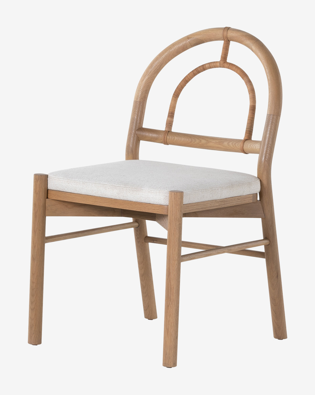 The Vasco Dining Chair features a curved backrest, woven detail, and upholstered light seat. Supported by four straight legs with crossbars, it offers both sturdy support and artistic style for your dining space, by Vendixs