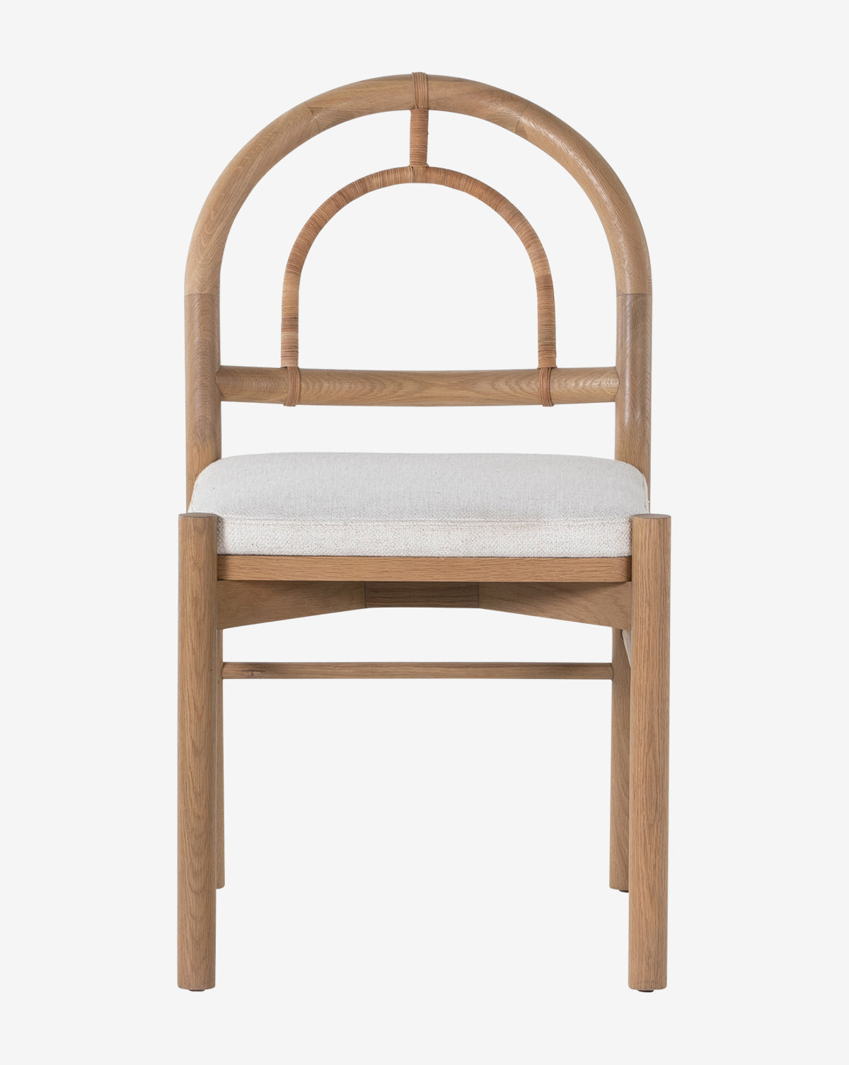 The Vasco Dining Chair features a wooden frame, rounded arch backrest, and light upholstered seat, viewed from the front on a white background—an artistic piece that enhances any sophisticated dining space, by Vendixs