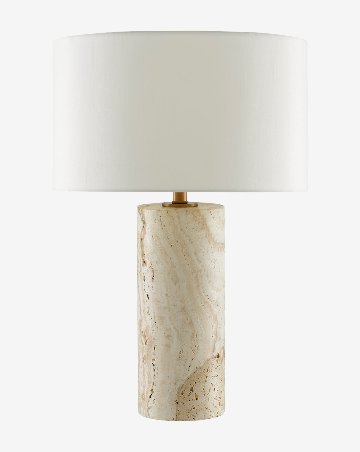 The Vespera Table Lamp boasts a cylindrical beige marble base with unique patterns, antique brass accents, and a large white drum lampshade, displayed on a plain white background by McGee & Co.