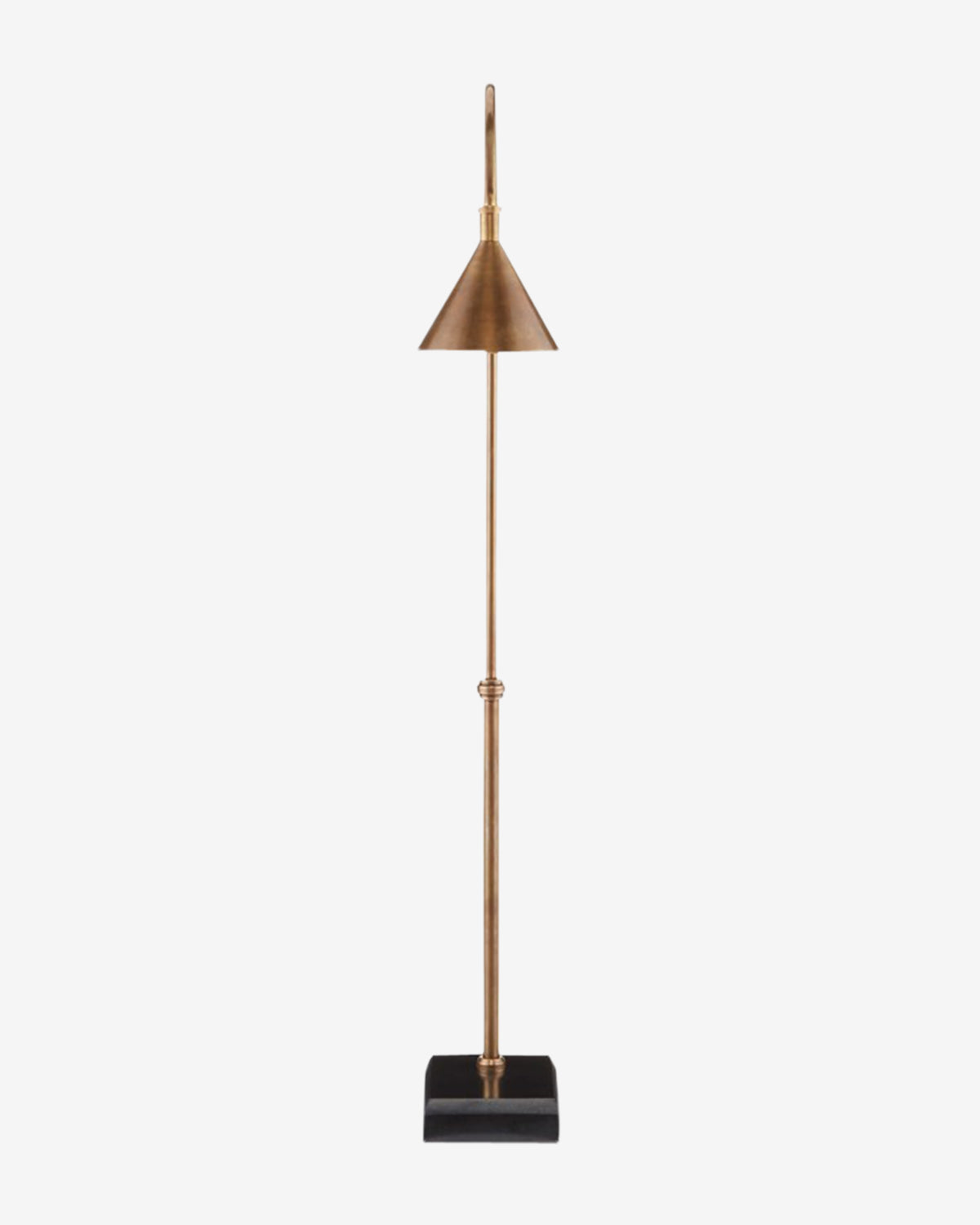 The Vision Floor Lamp features a tall, slender design with a conical brass shade, gold metal stand, and rectangular black base, showcased against a plain white background by Vendixs