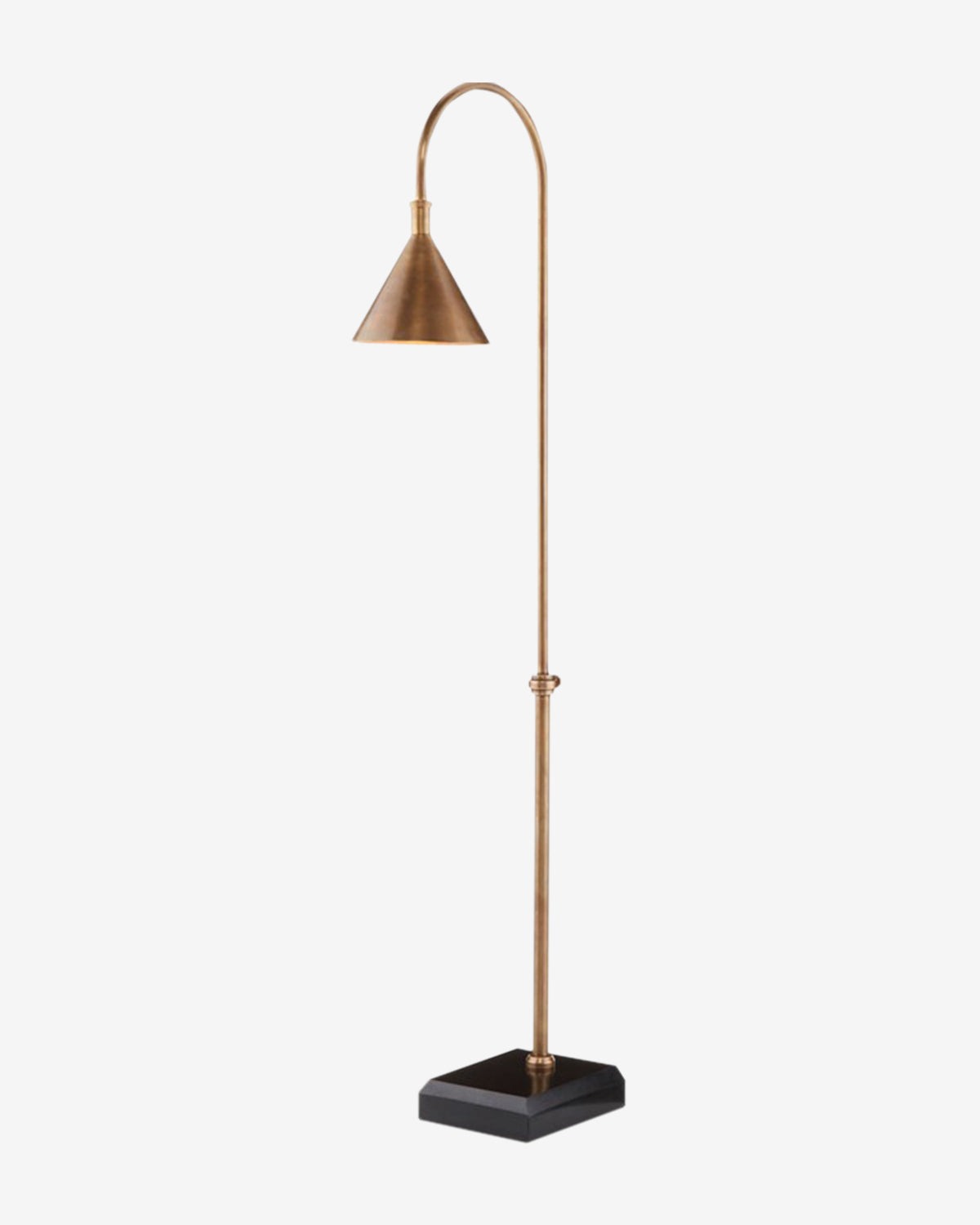 The Vision Floor Lamp by Currey & Co. features a tall, slender silhouette with a curved brass stem, cone-shaped brass shade, and square black base, reminiscent of a vintage floor lamp against a plain white background. Vendixs