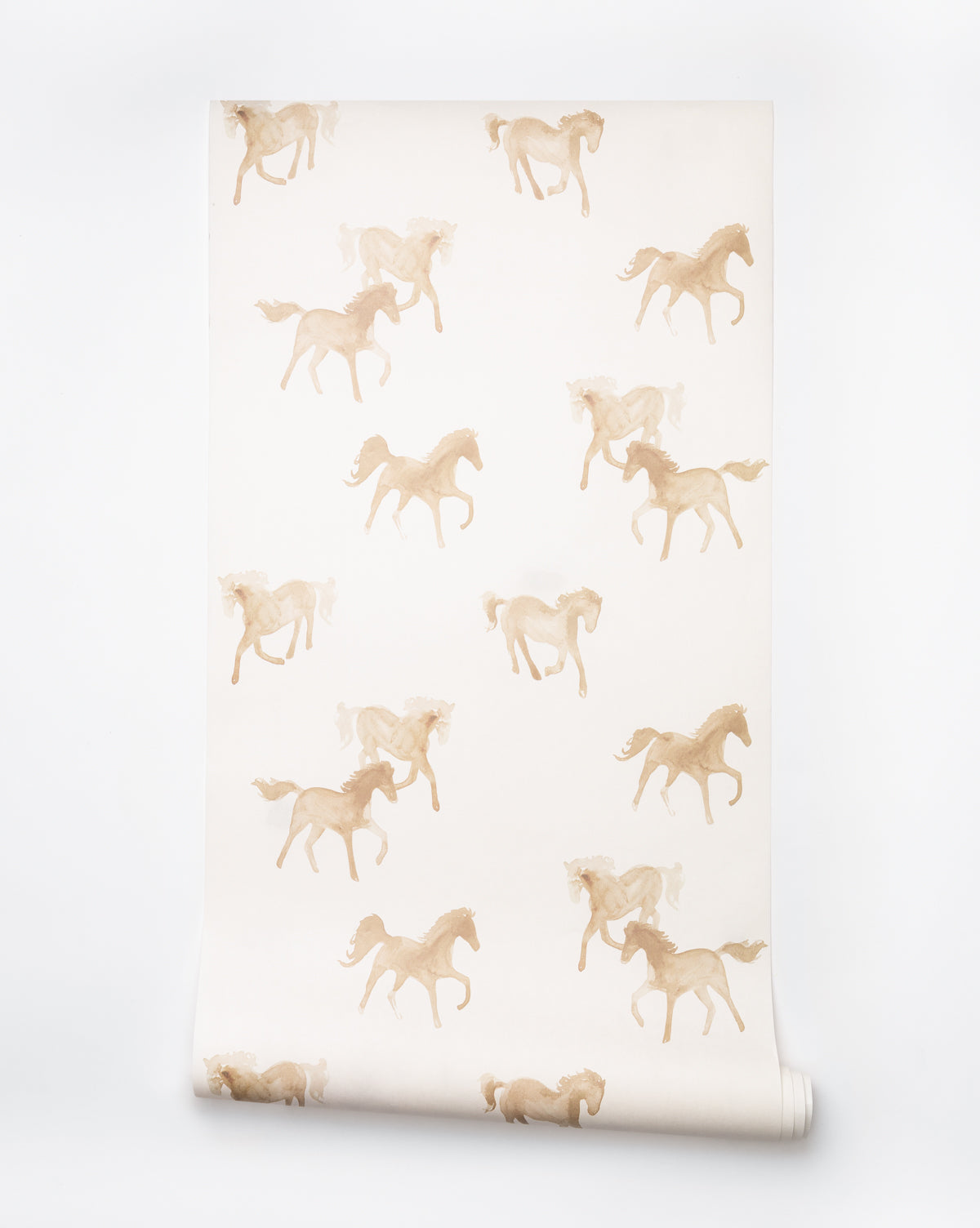 Artistic wallpaper with watercolor horses running in soft taupe and beige hues, perfect for cozy interiors by Vendixs
