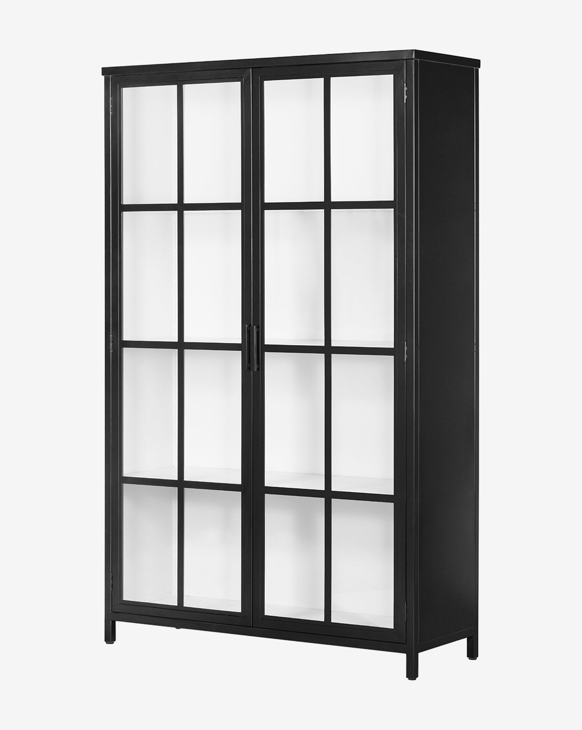 The Waylon Cabinet has a sleek black iron frame, two glass doors with rectangular tempered panes, and stands elegantly on four sturdy legs, by Vendixs