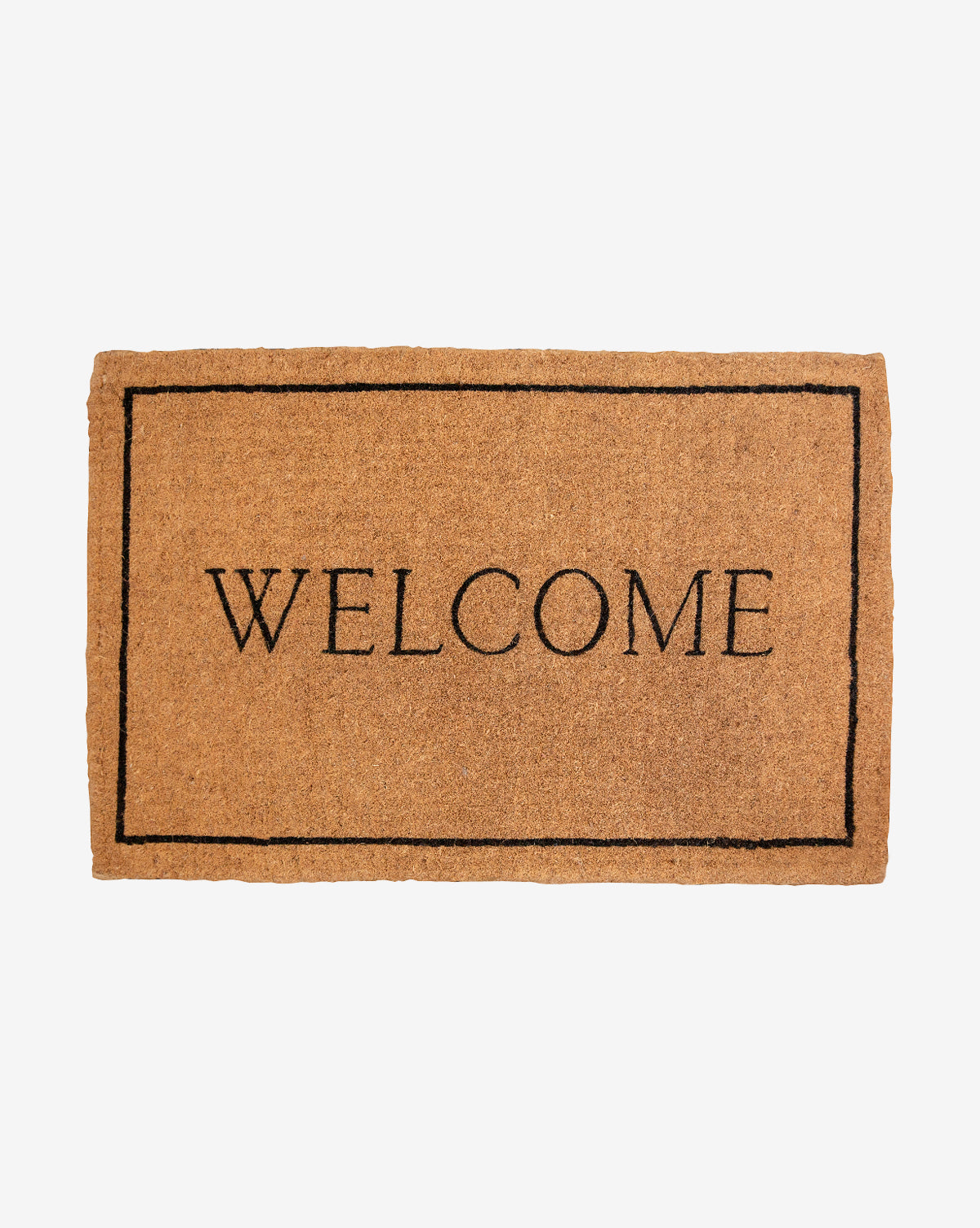 The Palm Fiber Welcome Doormat is a rectangular brown mat with WELCOME in black, centered and framed by a thin black line. Ideal for your front door and pairs perfectly with other outdoor rugs. Background is plain white. Vendixs