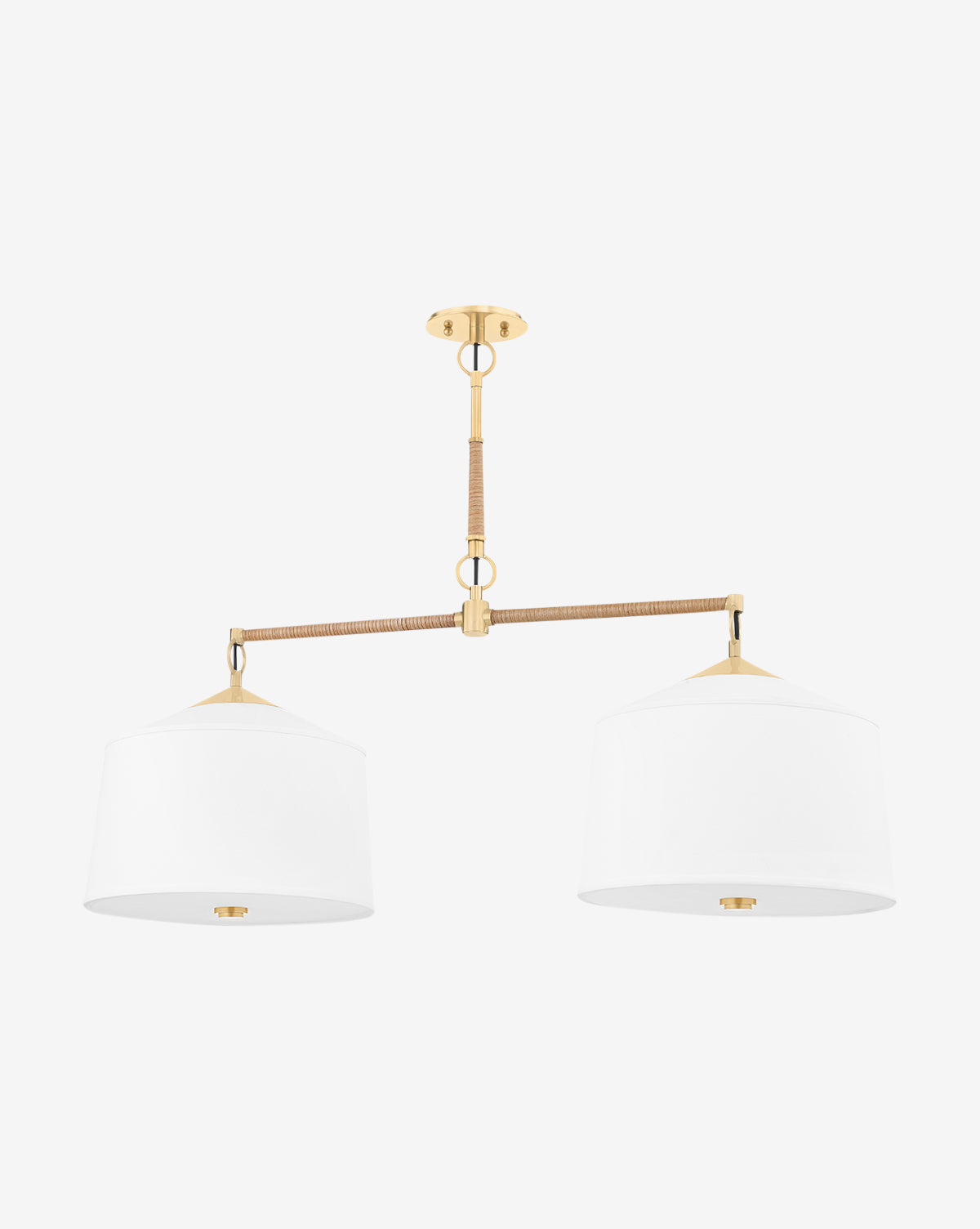 The Hudson Valley Lighting White Plains Island Light is a modern dual pendant featuring gold hardware and two white fabric drum shades, suspended from a rattan-wrapped central rod against a plain white background. Vendixs
