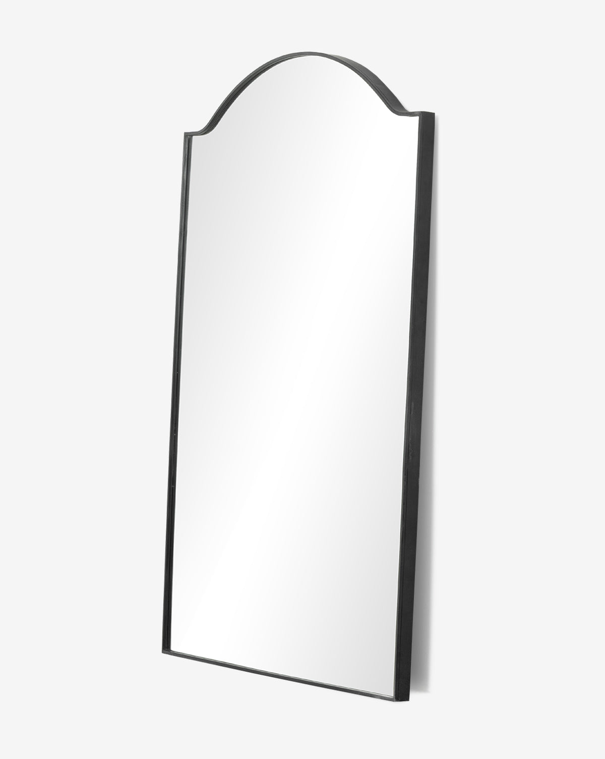 The Willson Floor Mirror features a large rectangular shape, an arched top, and a black gunmetal frame, shown against a plain white background by Vendixs