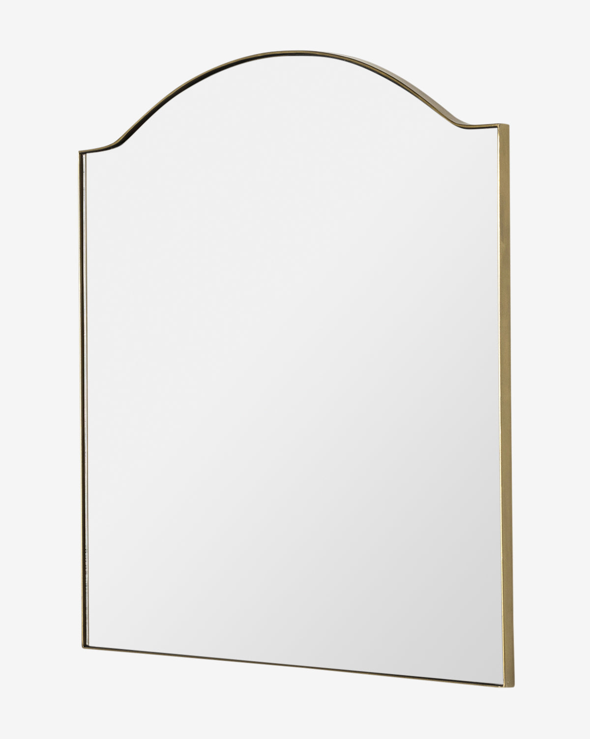 The Willson Wall Mirror features a rectangular design with a gold iron frame and an arched top, displayed at a slight angle against a white background, by Vendixs