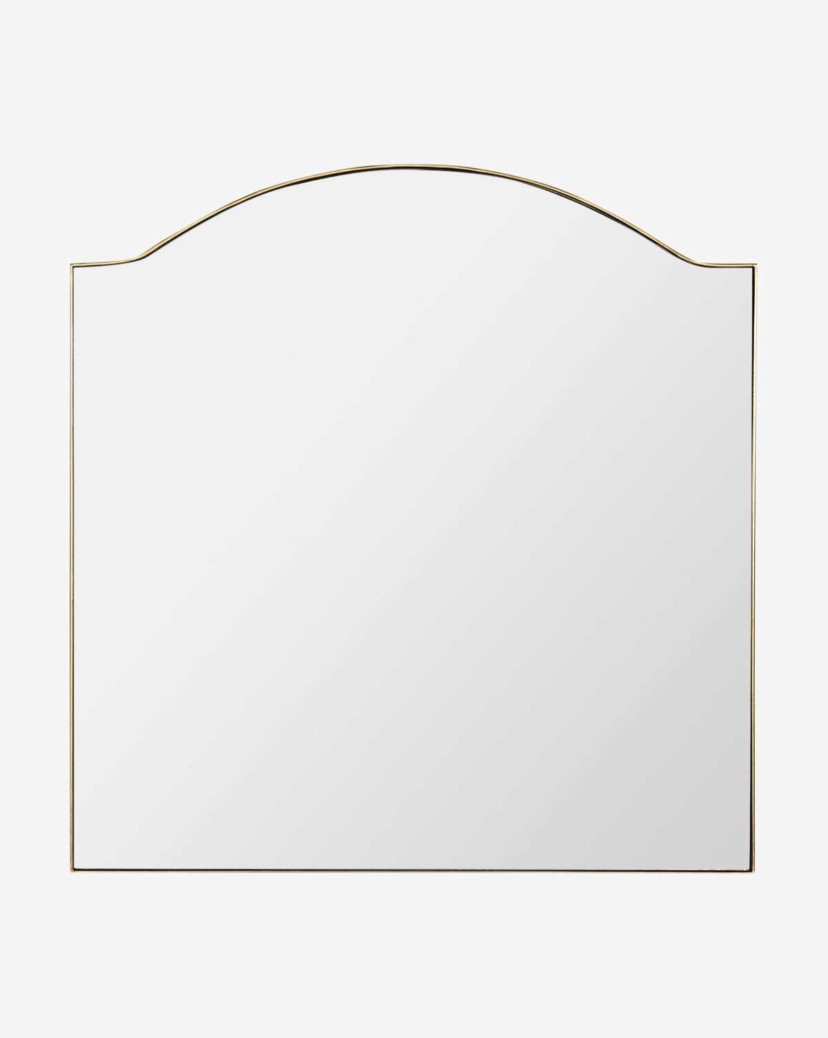 The Willson Wall Mirror has a rectangular shape, a slim gold iron frame, and a softly curved top edge, all showcased on a white background, by Vendixs