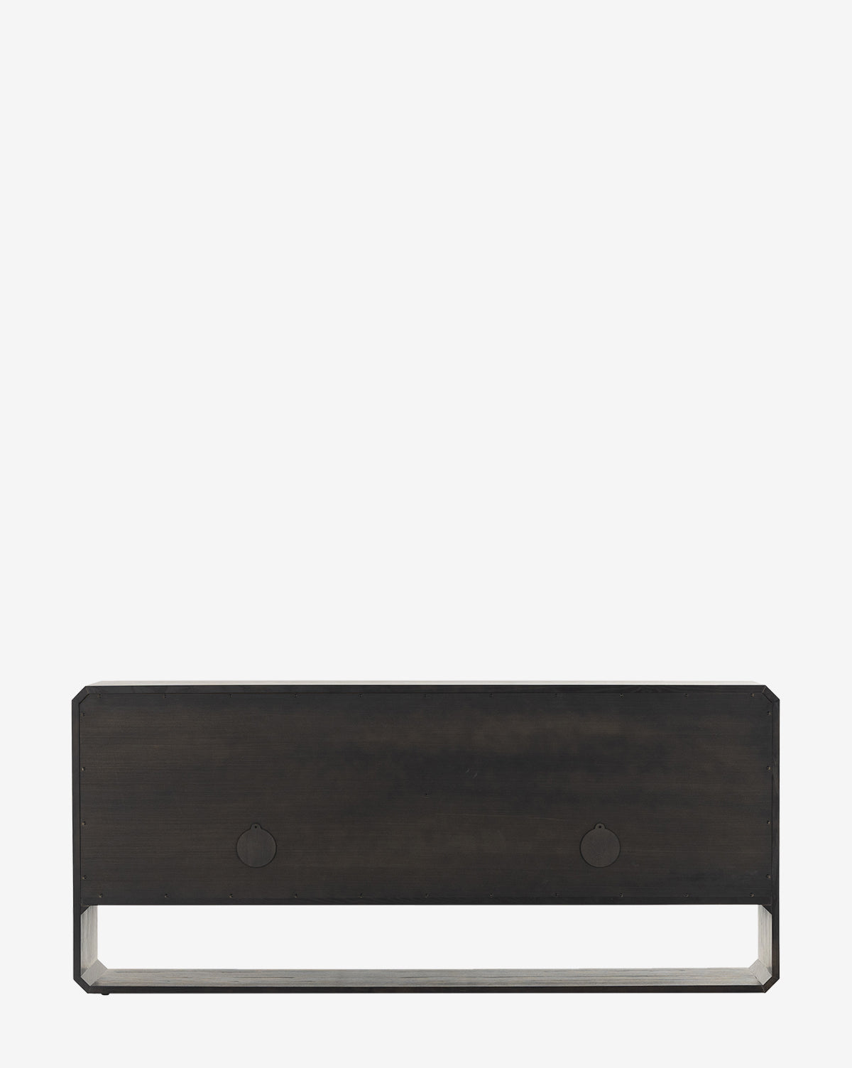 The Ziggy Sideboard is a rectangular dark wood storage piece with a solid black ash veneer front, two circular accent details, and an open bottom space, shown against a plain white background by McGee & Co.
