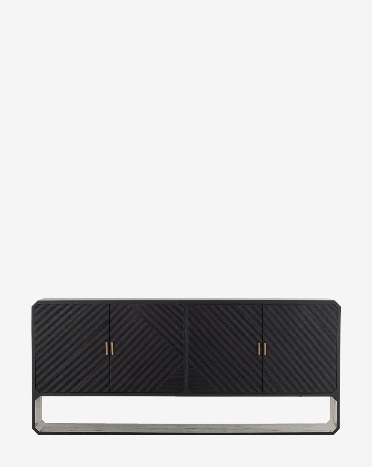 The Ziggy Sideboard is a sleek geometric black sideboard with four doors, gold handles, and an open rectangular base, displayed against a plain white background by McGee & Co.