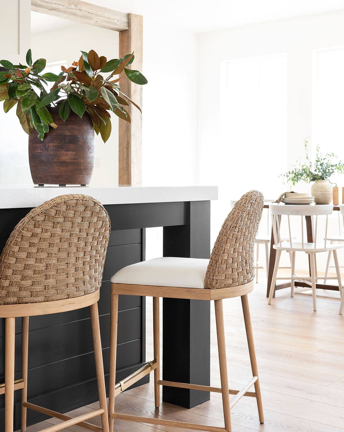 Molly Stools at kitchen bar in rattan and solid oak finishes from Vendixs