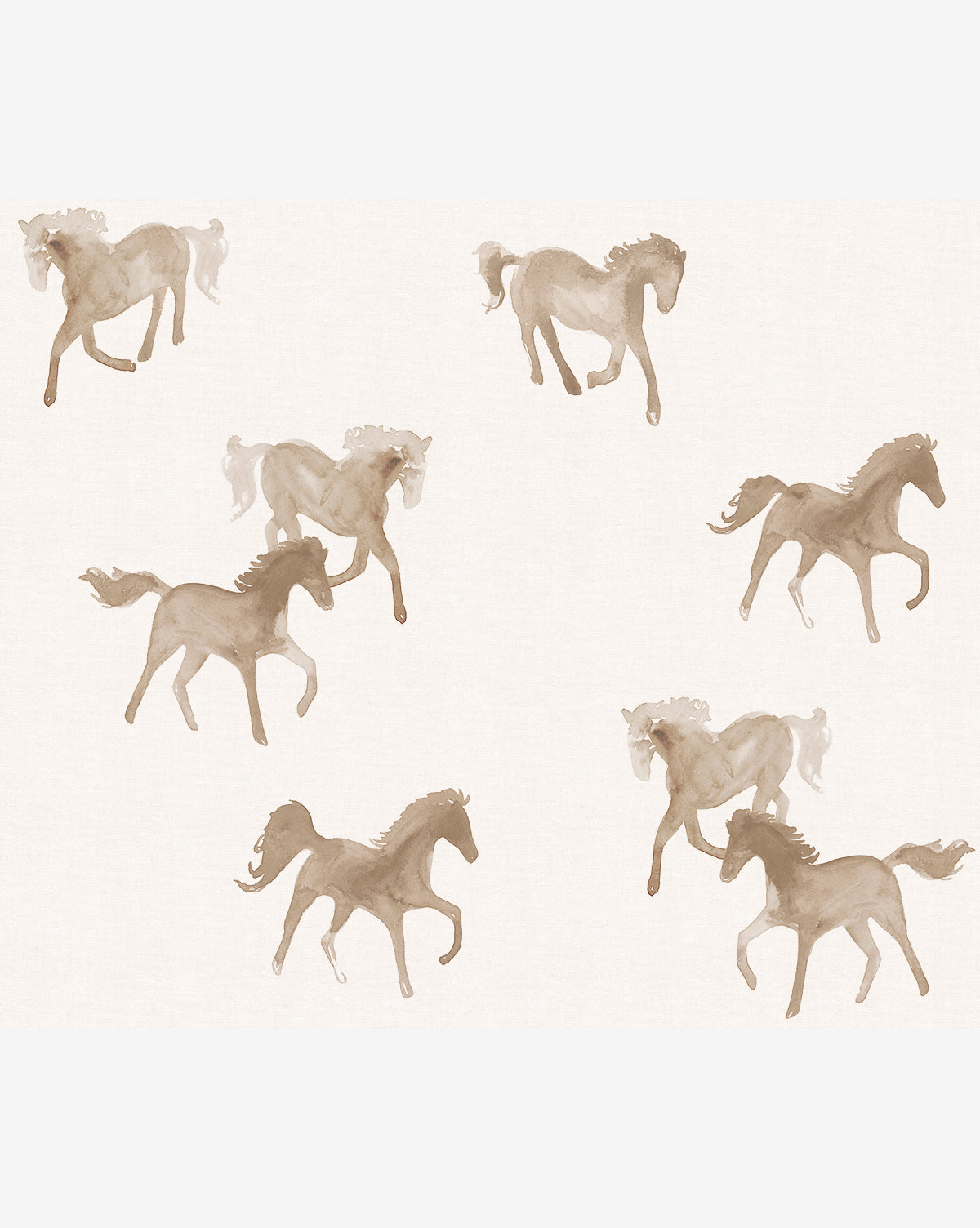 Wallpaper design with elegant watercolor horses in motion, painted in warm taupe and beige tones by Vendixs